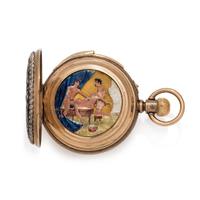 GOLD-FILLED, ENAMEL AND PASTE AUTOMATON HUNTER CASE POCKET WATCH