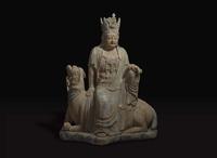 A very large Chinese carved and polychromed wood figure of "Shi Hou Guanyin" 大型獅吼觀音雕塑