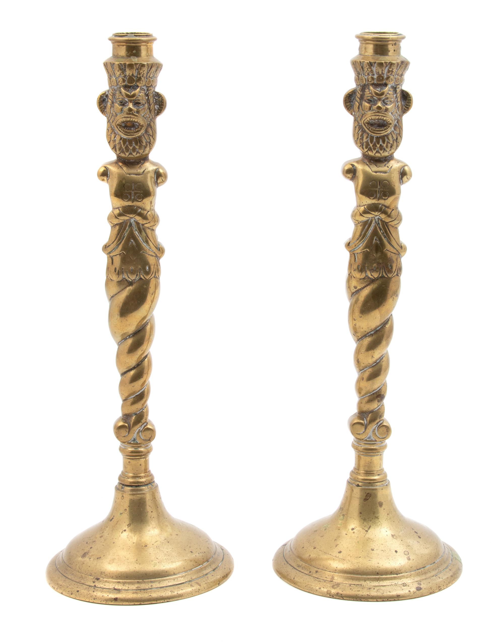 A Pair of Brass Figural Candlesticks Height 13 3/4 inches. — 19TH CENTURY