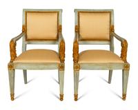A Pair of Italian Neoclassical Style Blue-Painted and Parcel Gilt Armchairs