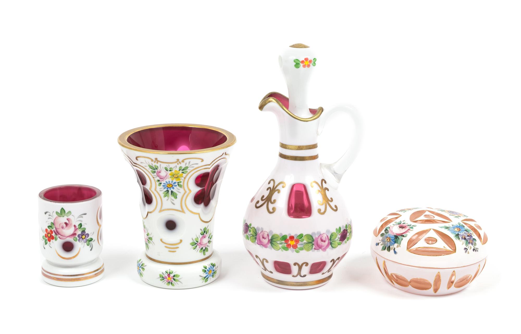 Four Enameled Bohemian Cased Glass Articles Height of first 7 3/4 inches