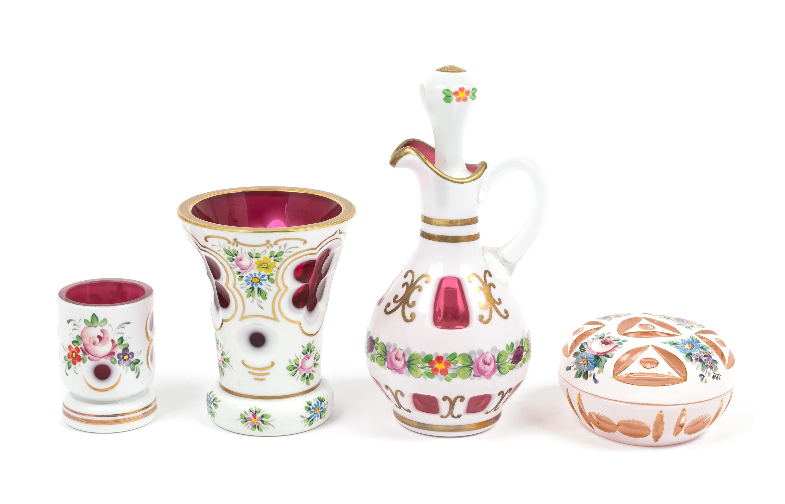 Four Enameled Bohemian Cased Glass Articles Height of first 7 3/4 inches