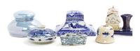 Six Porcelain and Ceramic Inkwells, Width of widest 5 1/4 inches.