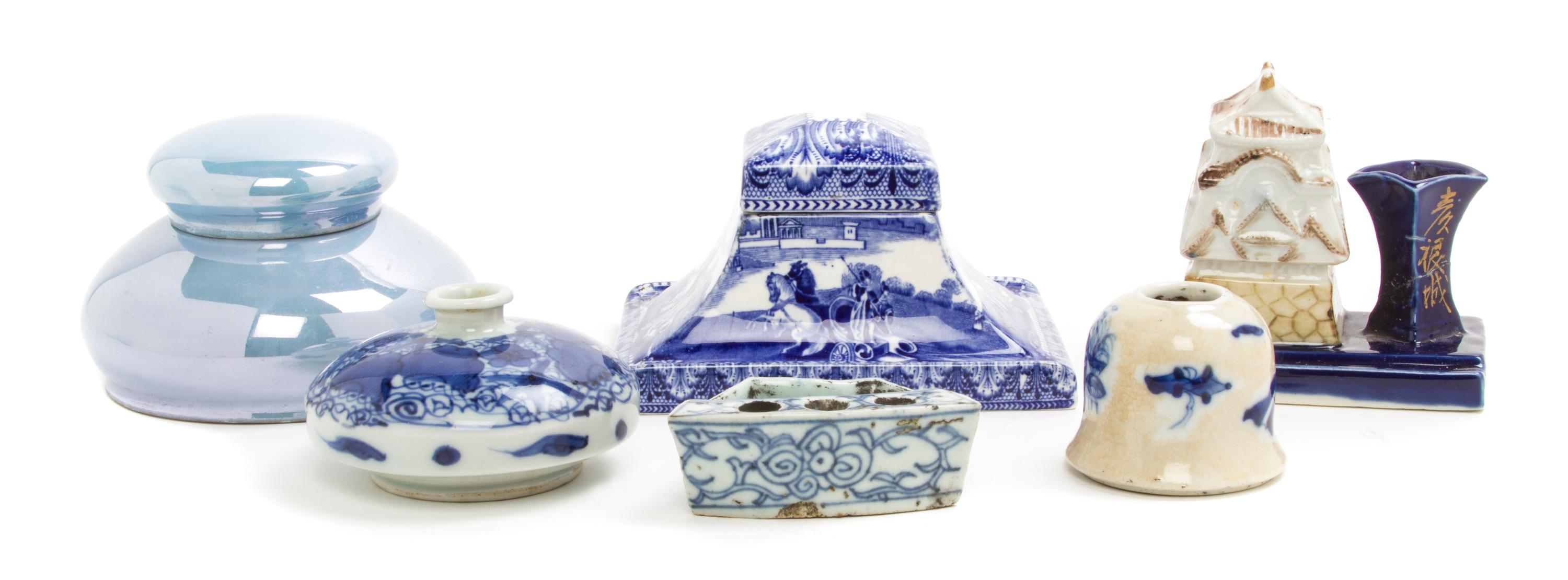 Six Porcelain and Ceramic Inkwells, Width of widest 5 1/4 inches.