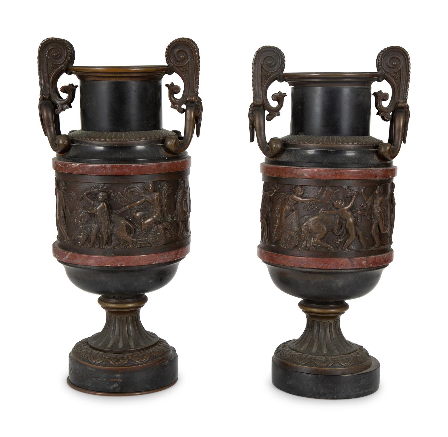 A Pair of Continental Bronze Urns with Rouge Marble Banding — 19TH/20TH CENTURY