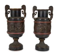 A Pair of Continental Bronze Urns with Rouge Marble Banding — 19TH/20TH CENTURY