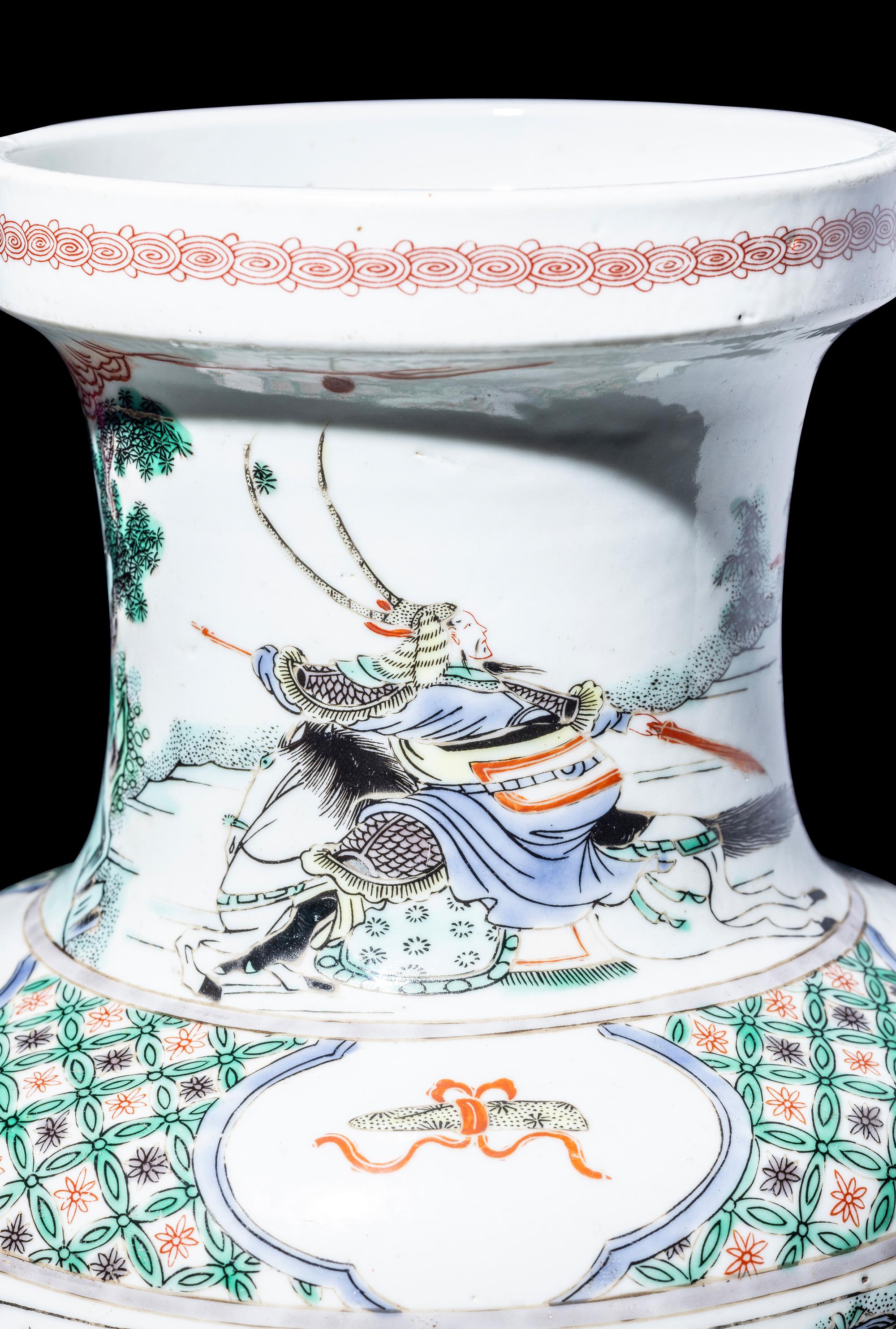 A Chinese Famille Verte Porcelain 'Figures' Rouleau Vase