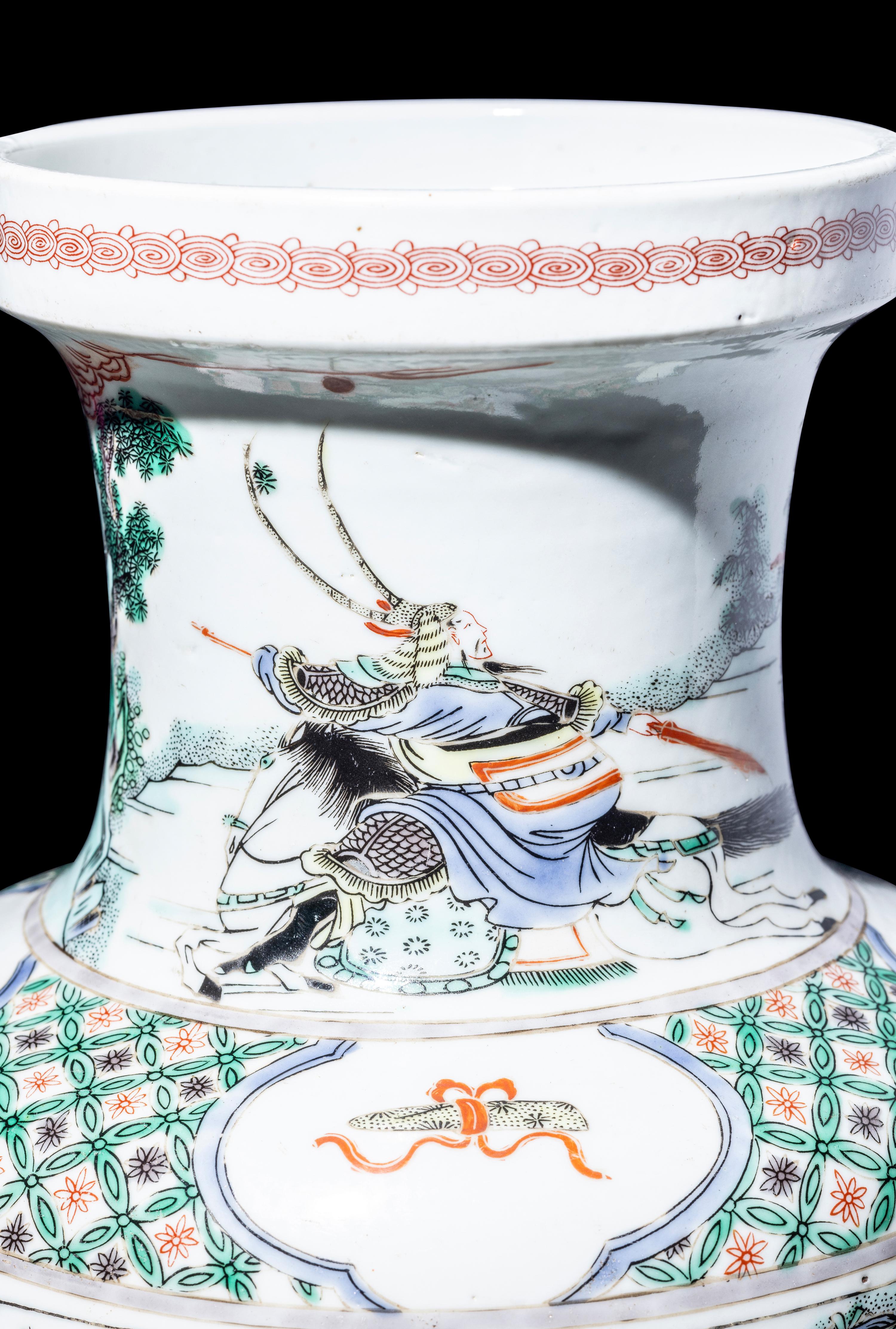 A Chinese Famille Verte Porcelain 'Figures' Rouleau Vase