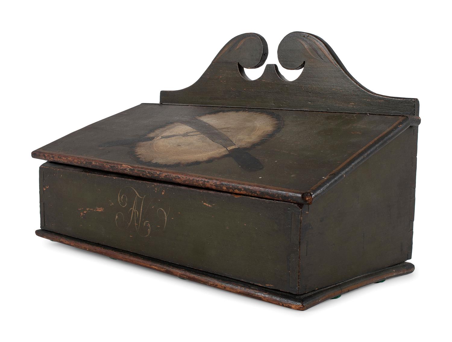 A Federal Paint Decorated Pine Cutlery Wall Box