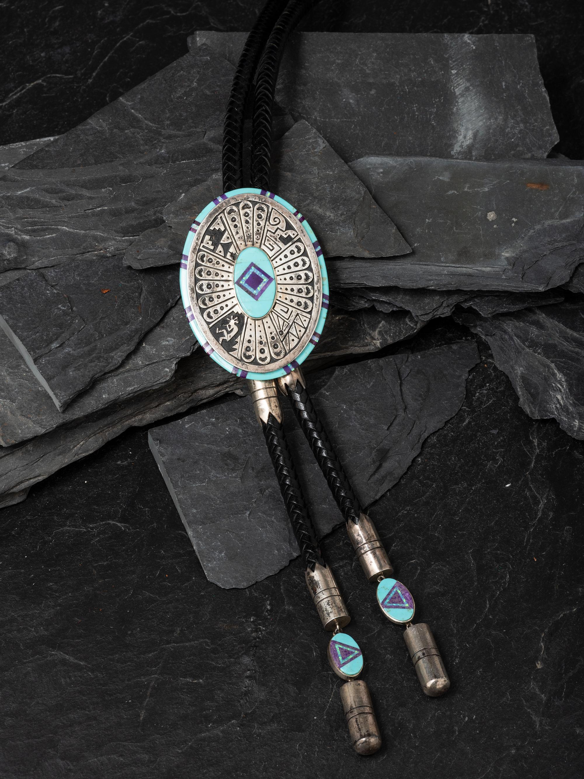Navajo Sterling Silver and Mosaic Inlay Bolo Tie, with Kokopelli Design