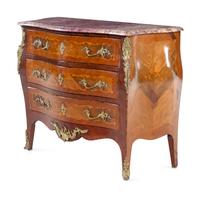 A Louis XVI Style Gilt Bronze Mounted Marquetry Marble-Top Bombe Commode