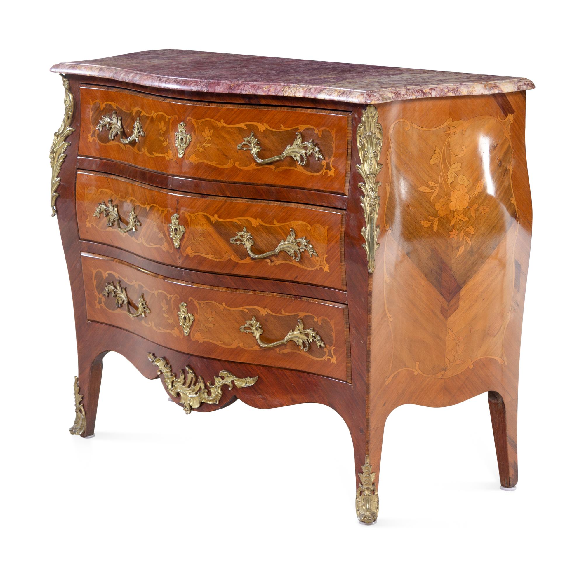 A Louis XVI Style Gilt Bronze Mounted Marquetry Marble-Top Bombe Commode