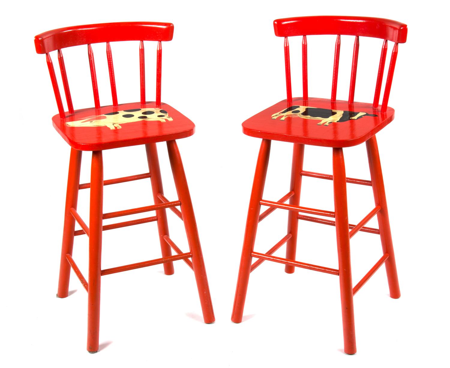 Three Orange Painted Chairs with Cow and Pig Decoration Height 34 inches.