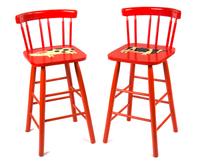 Three Orange Painted Chairs with Cow and Pig Decoration Height 34 inches.