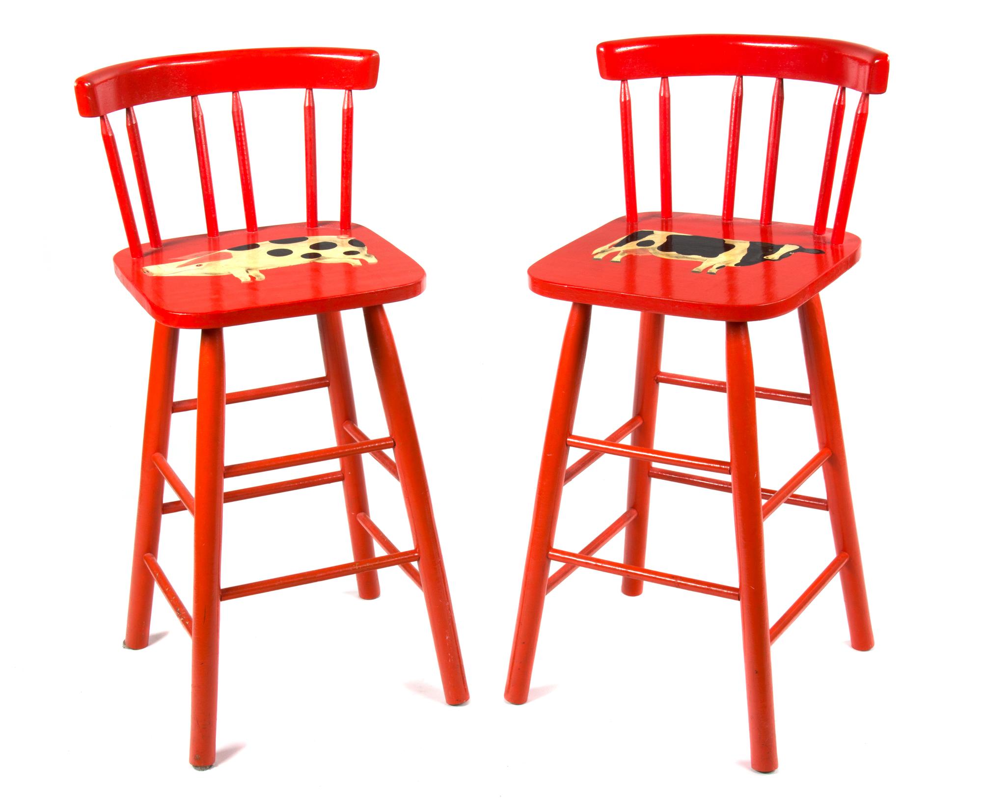 Three Orange Painted Chairs with Cow and Pig Decoration Height 34 inches.