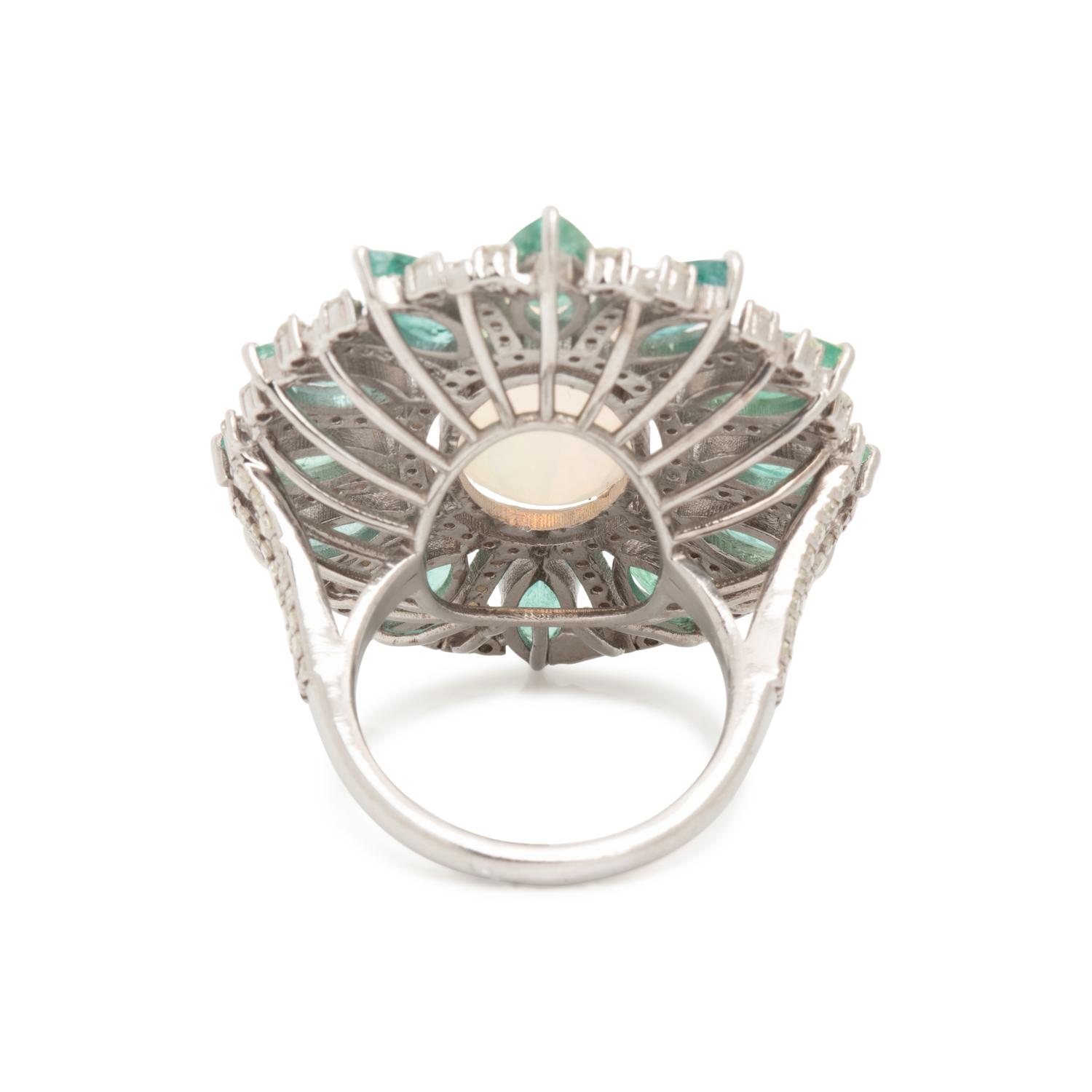 OPAL, EMERALD AND DIAMOND RING
