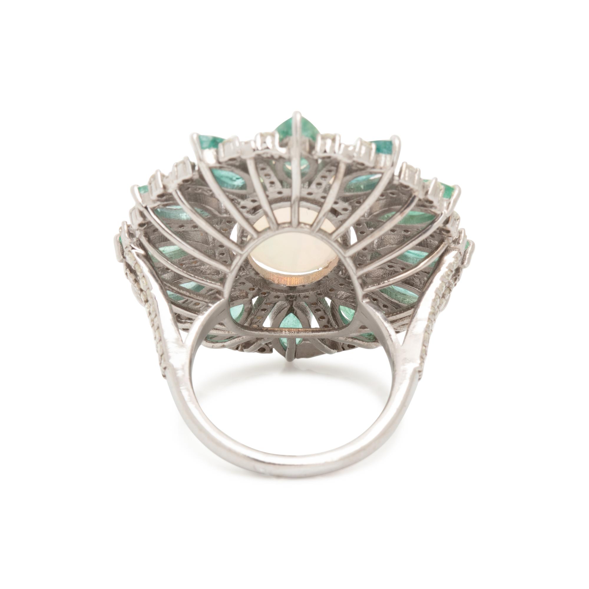 OPAL, EMERALD AND DIAMOND RING