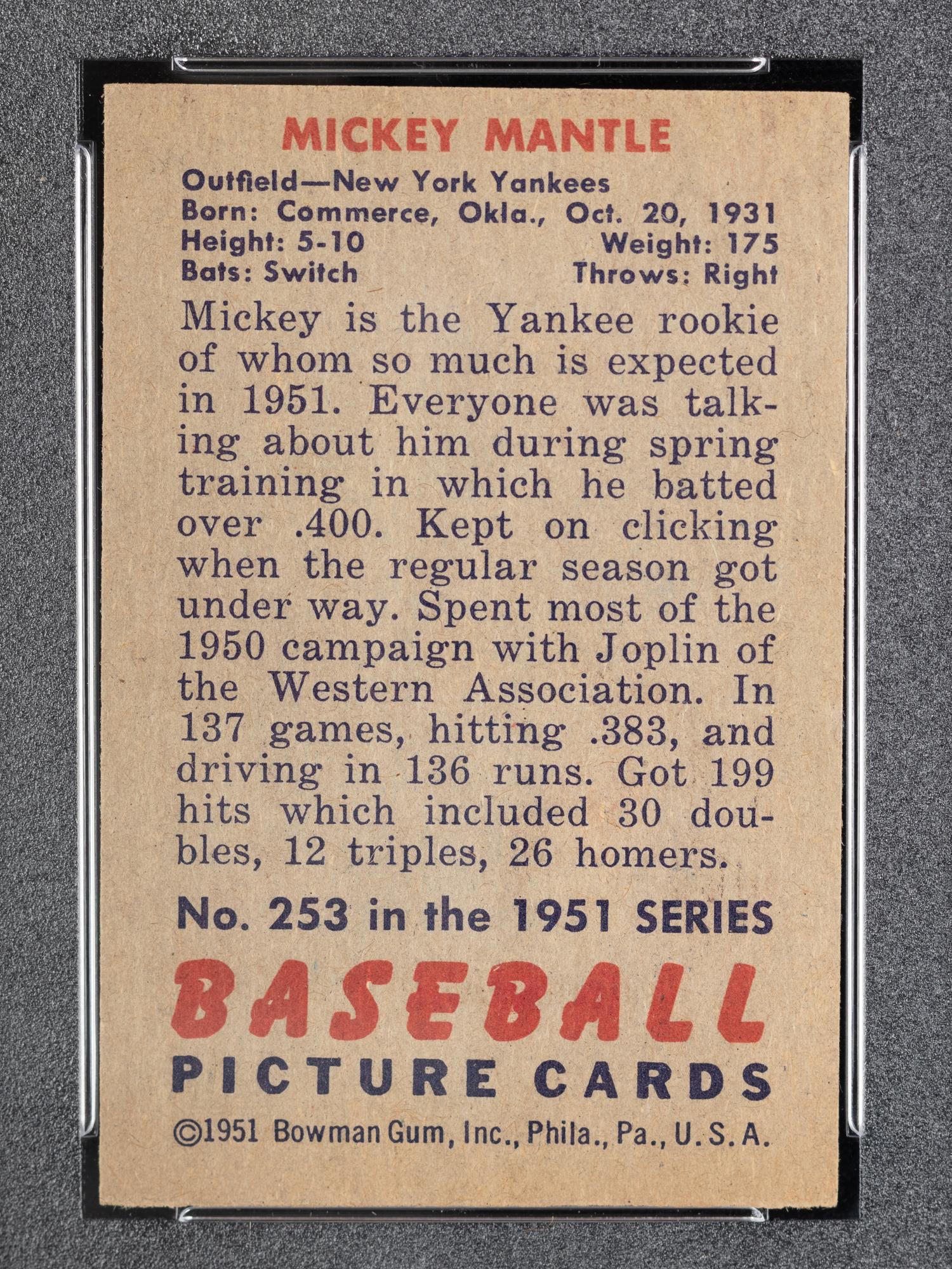 A 1951 Bowman Mickey Mantle Rookie Baseball Card No. 253 (PSA 3 VG)