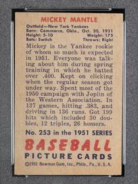 A 1951 Bowman Mickey Mantle Rookie Baseball Card No. 253 (PSA 3 VG)