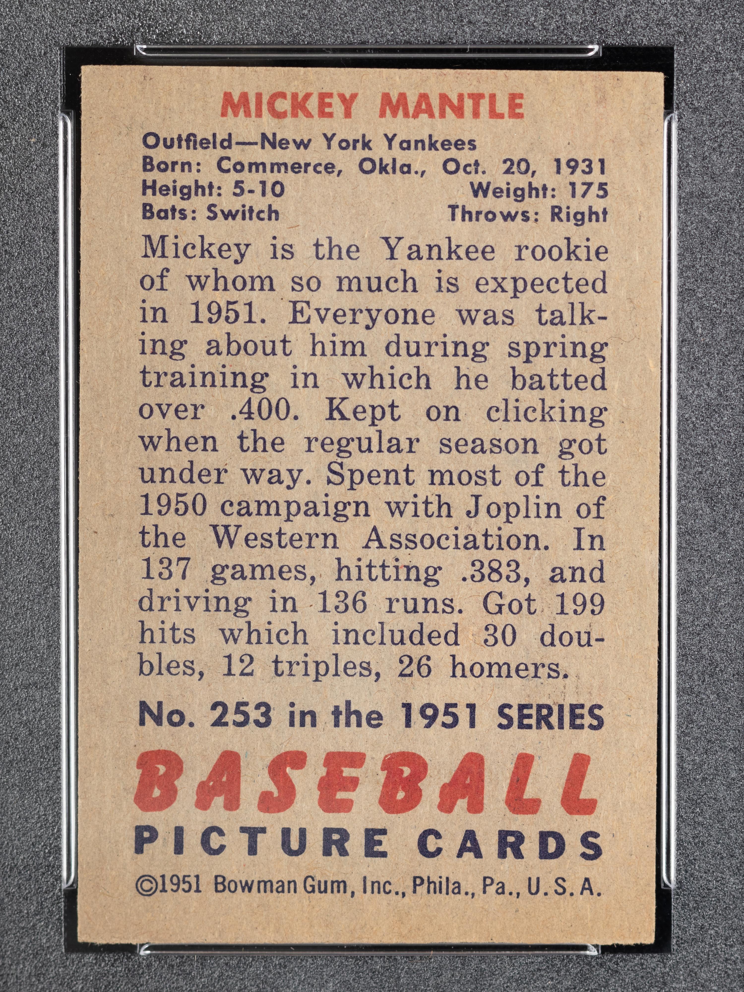A 1951 Bowman Mickey Mantle Rookie Baseball Card No. 253 (PSA 3 VG)