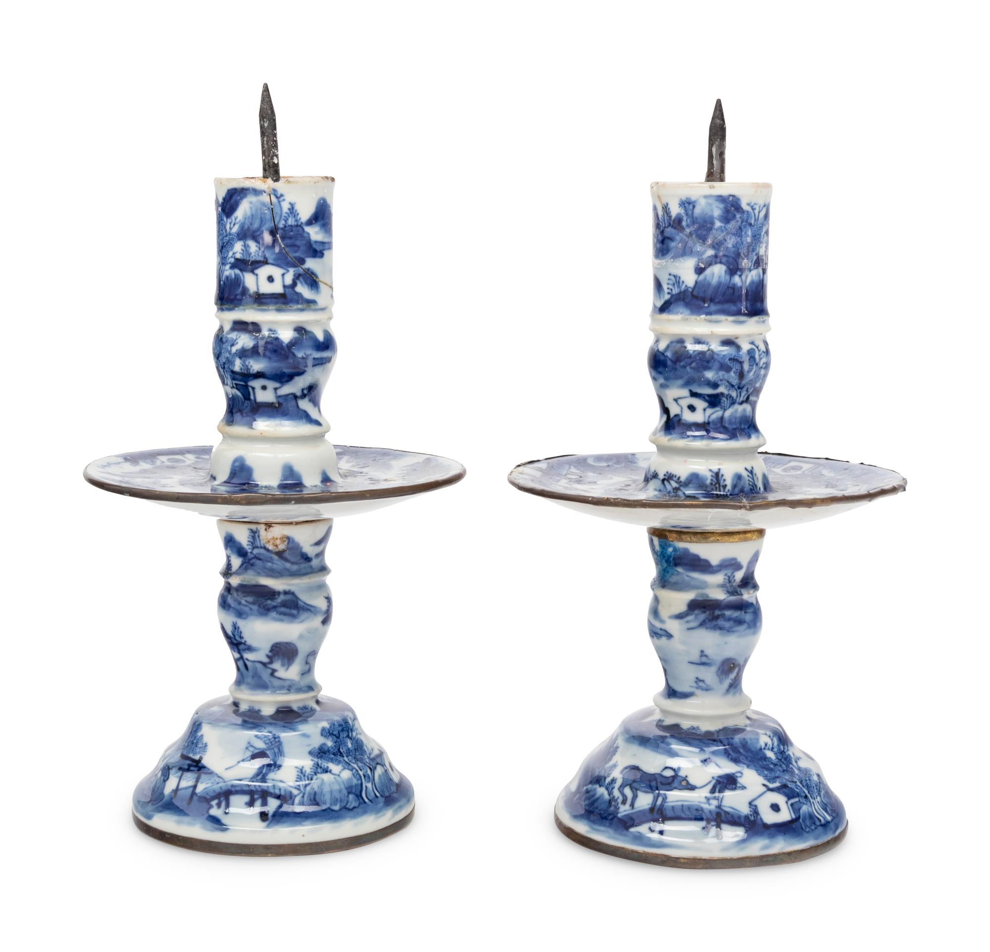 A Pair of Chinese Blue and White Porcelain Candlesticks