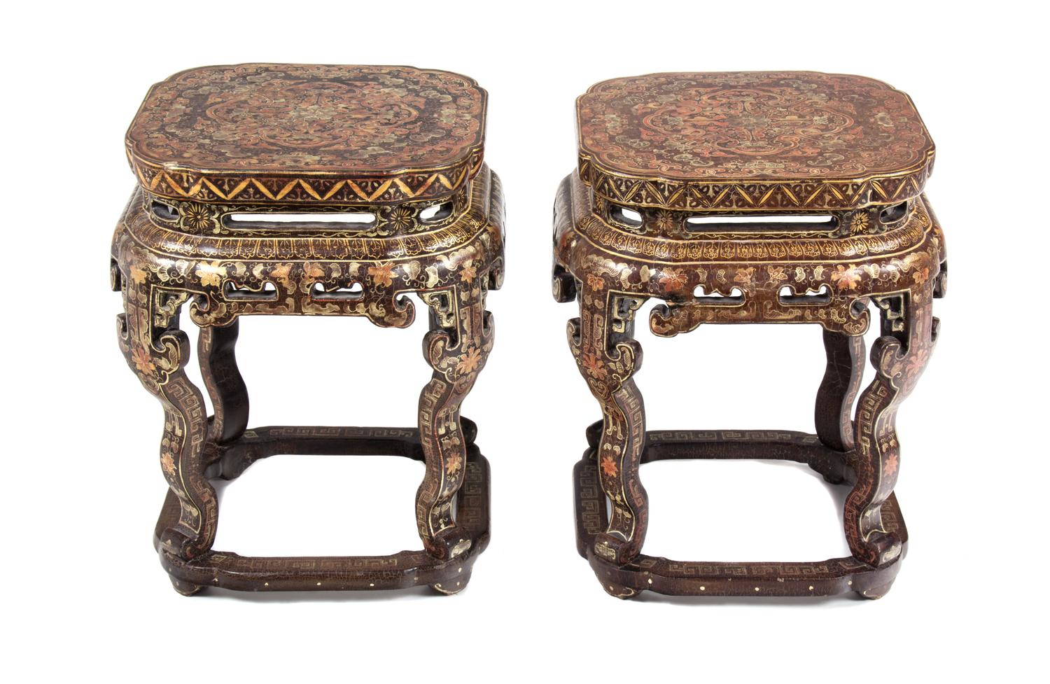 A Pair of Chinese Export Lacquer Tabourets Height 17 3/4 x width 14 1/2 x depth 14 1/2 inches. — 19TH CENTURY