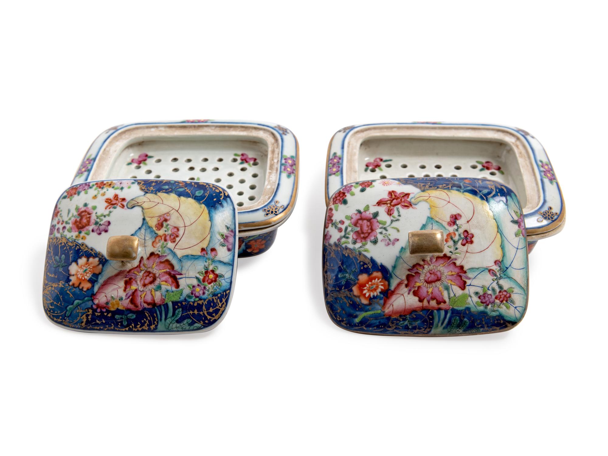 A Pair of Chinese Export Tobacco Leaf Porcelain Soap Dishes
