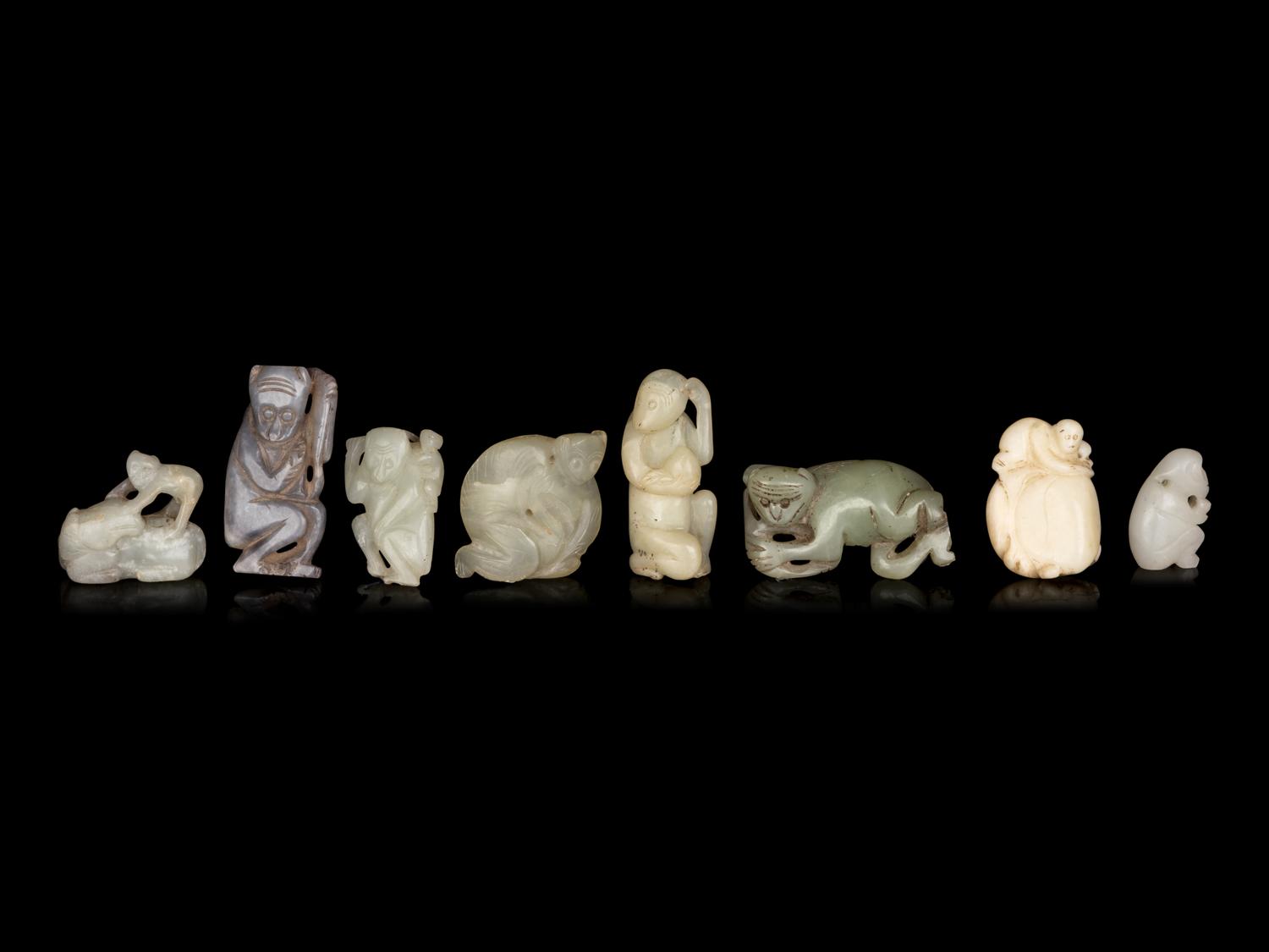 Eight Chinese Jade Carvings of Monkeys