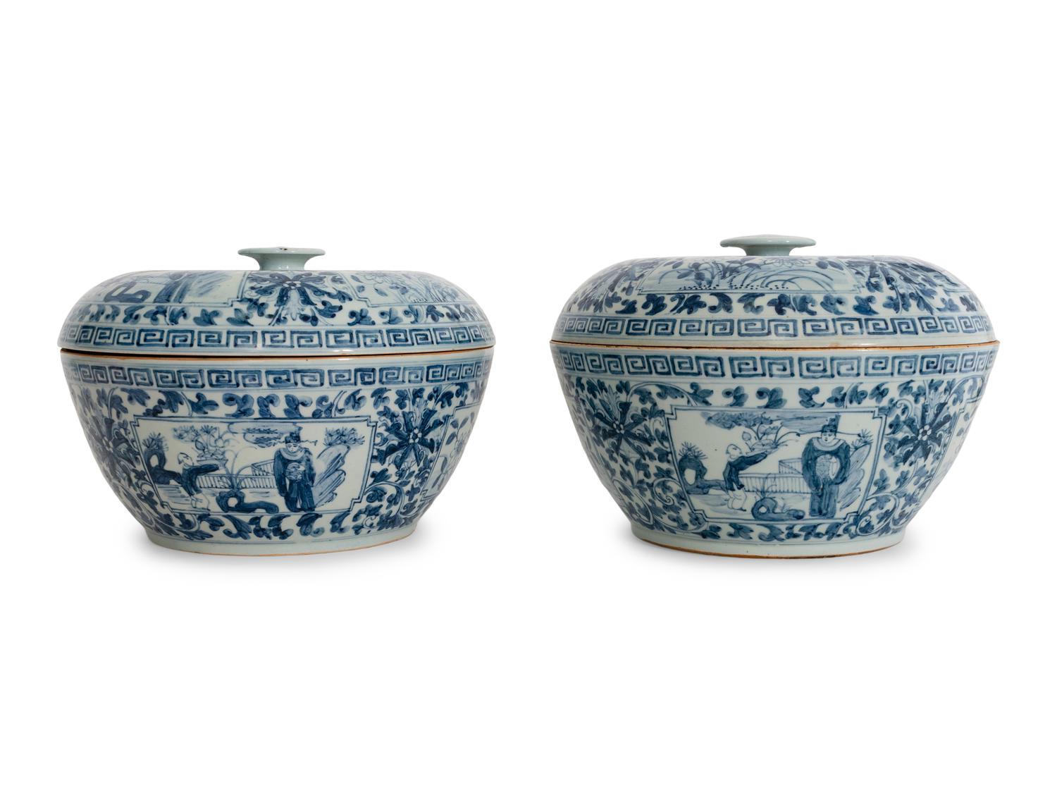 A Pair of Large Chinese Export Blue and White Porcelain Covered Bowls
