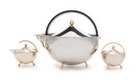 Carsten Jorgensen, Bodum, Denmark, 1986, Teaball teapot, together with an associated creamer and covered sugar