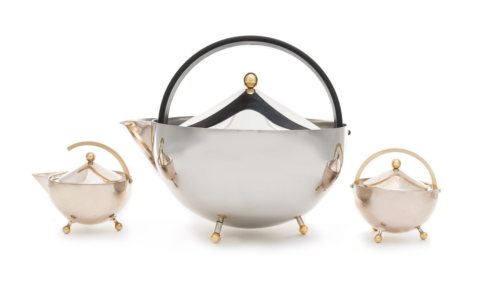 Carsten Jorgensen, Bodum, Denmark, 1986, Teaball teapot, together with an associated creamer and covered sugar