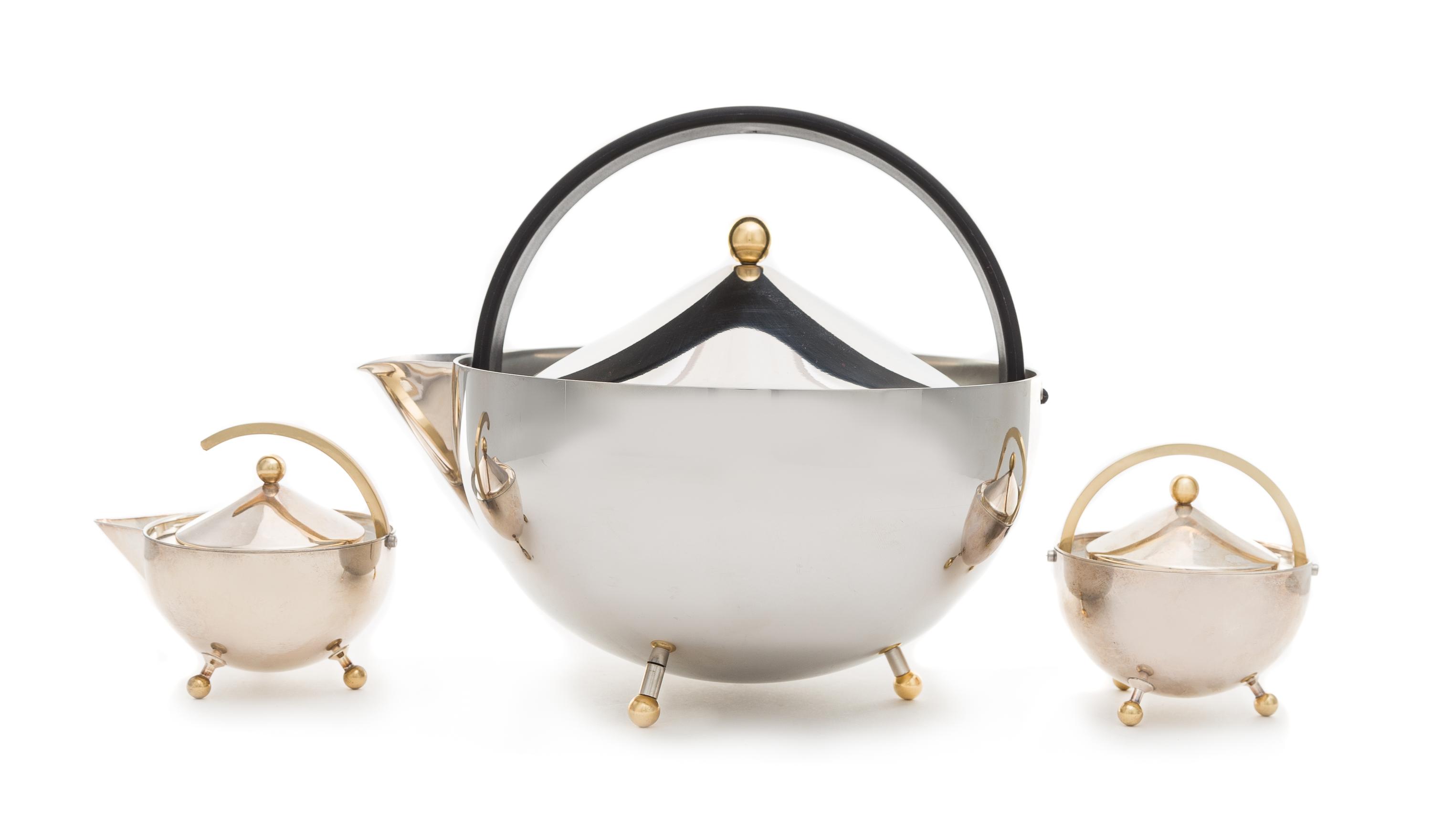 Carsten Jorgensen, Bodum, Denmark, 1986, Teaball teapot, together with an associated creamer and covered sugar