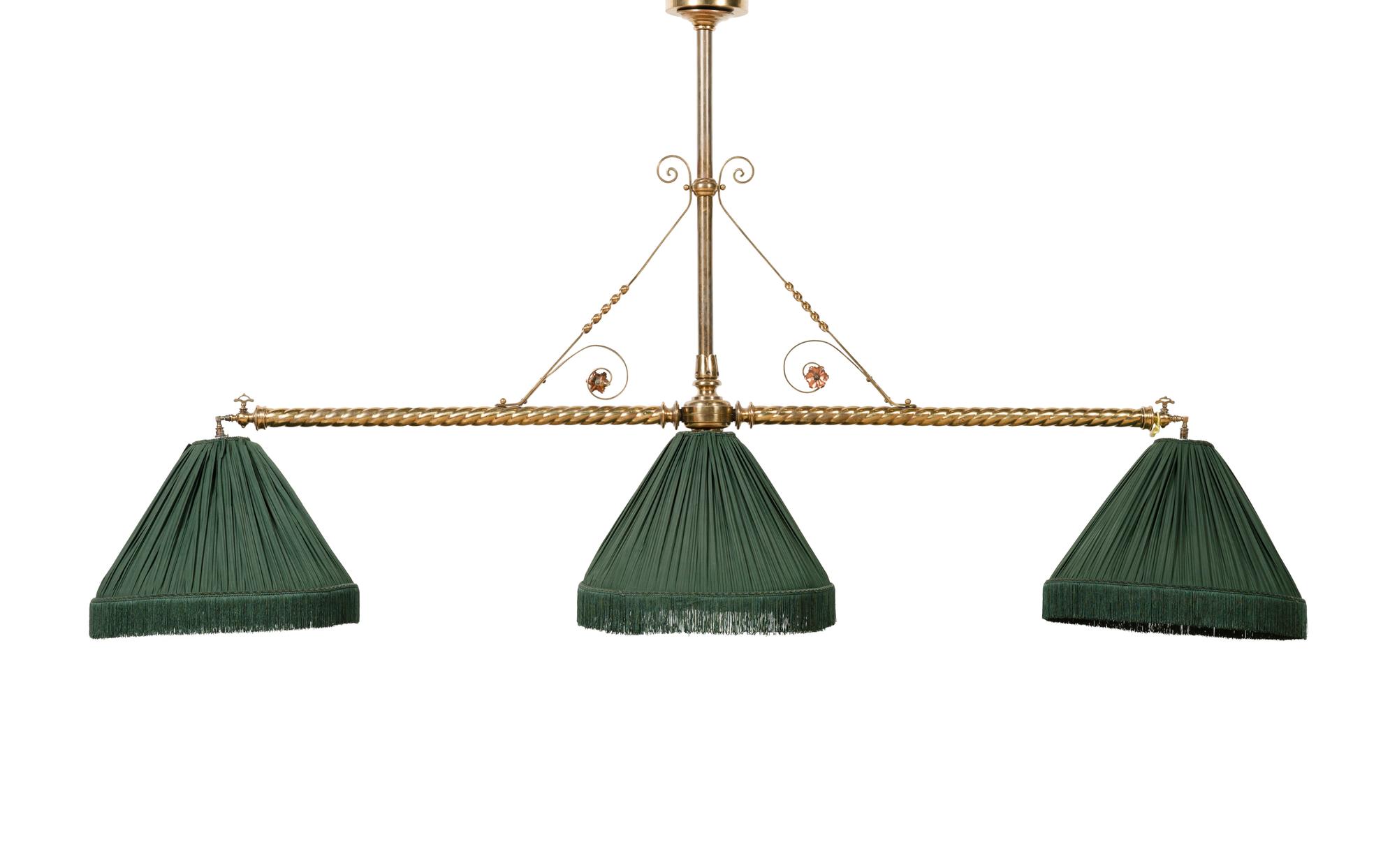 A Victorian Brass Three-Light Billiards Fixture