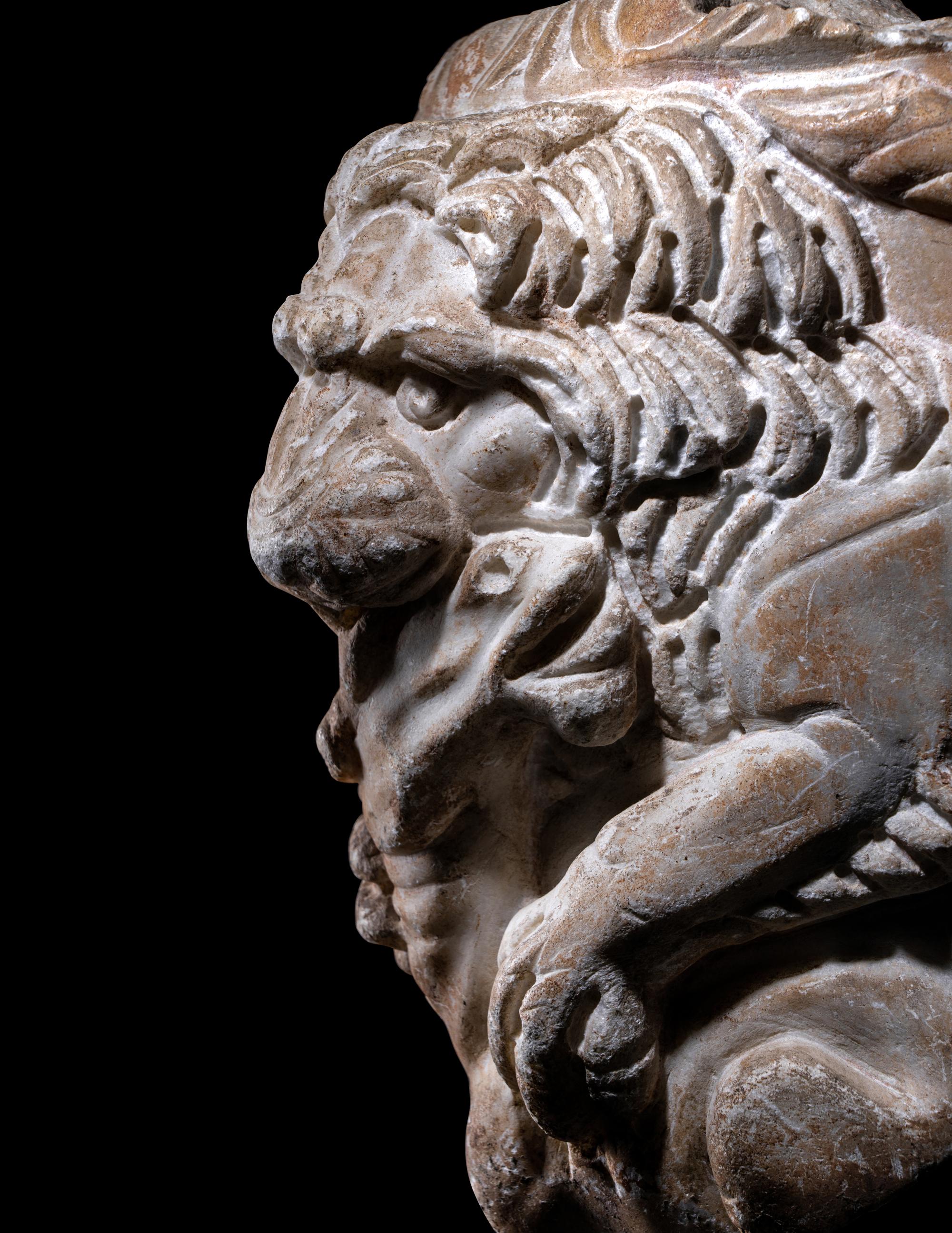 A Roman Marble Sarcophagus Fragment with a Lion
