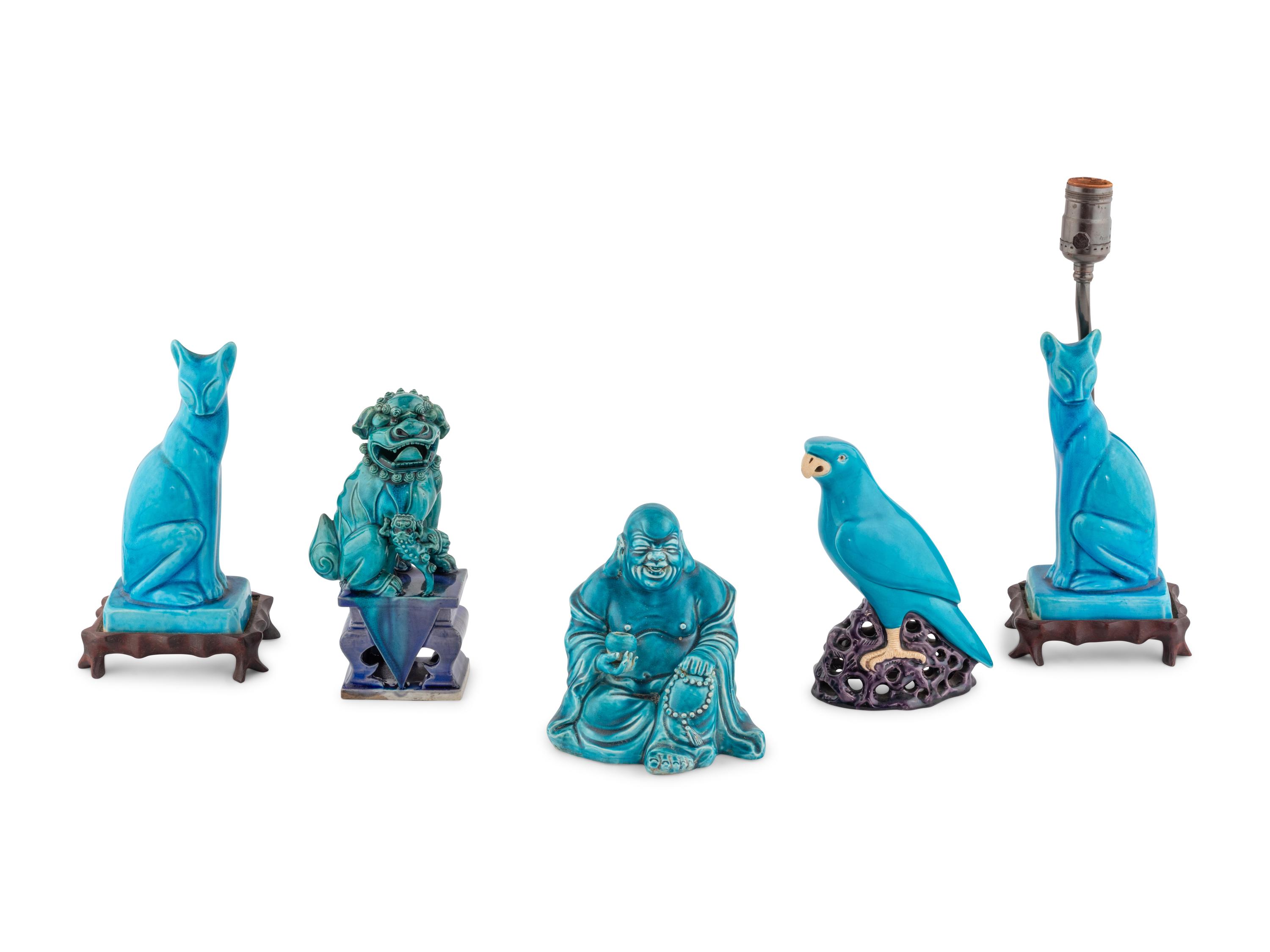 Five Chinese Export Turquoise Glazed Porcelain Figures