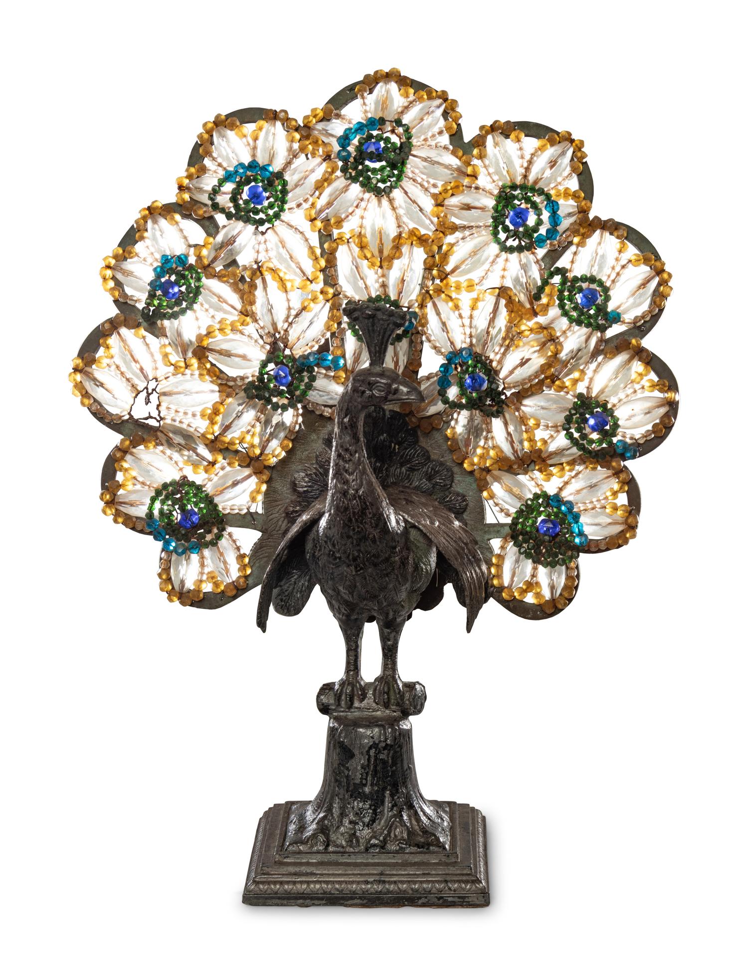 A Czechoslovakian Beaded Peacock Lamp