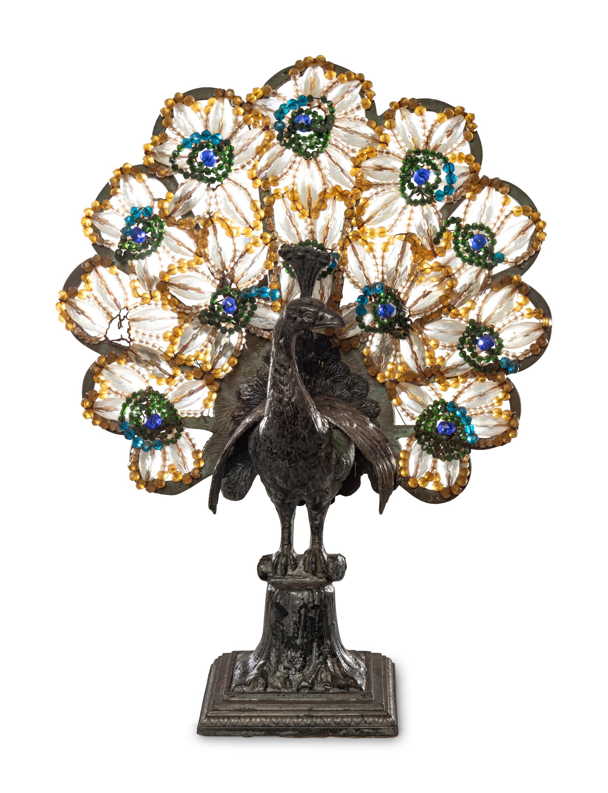 A Czechoslovakian Beaded Peacock Lamp