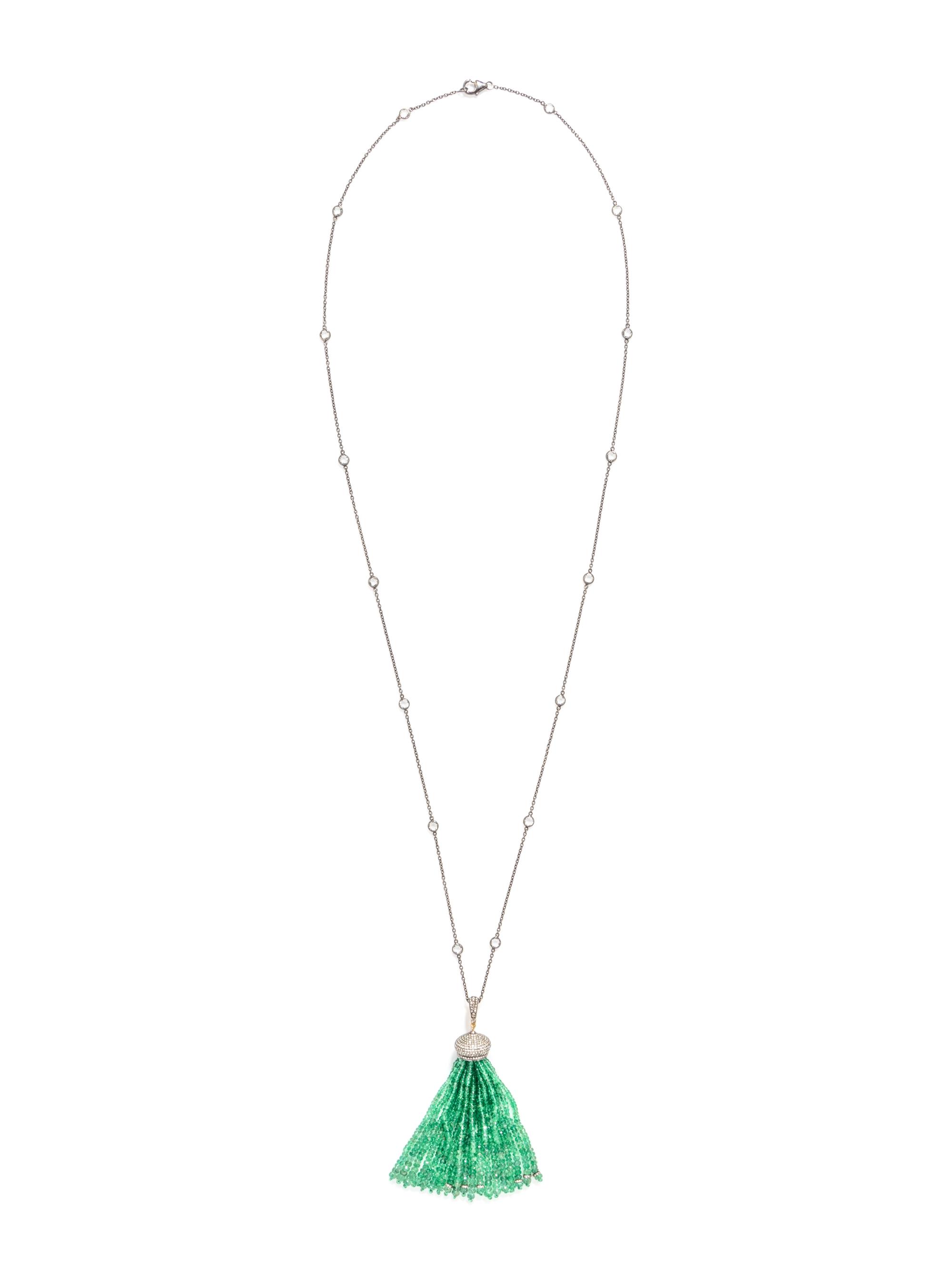 EMERALD, DIAMOND AND ROCK CRYSTAL TASSEL PENDANT NECKLACE