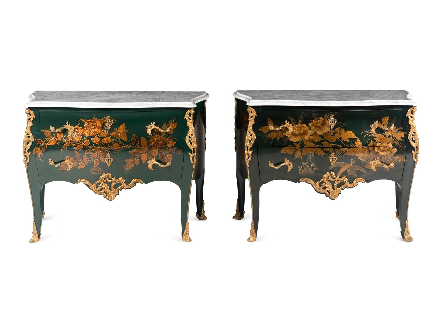A Pair of Louis XV Style Gilt Bronze Mounted Painted Commodes