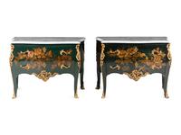 A Pair of Louis XV Style Gilt Bronze Mounted Painted Commodes
