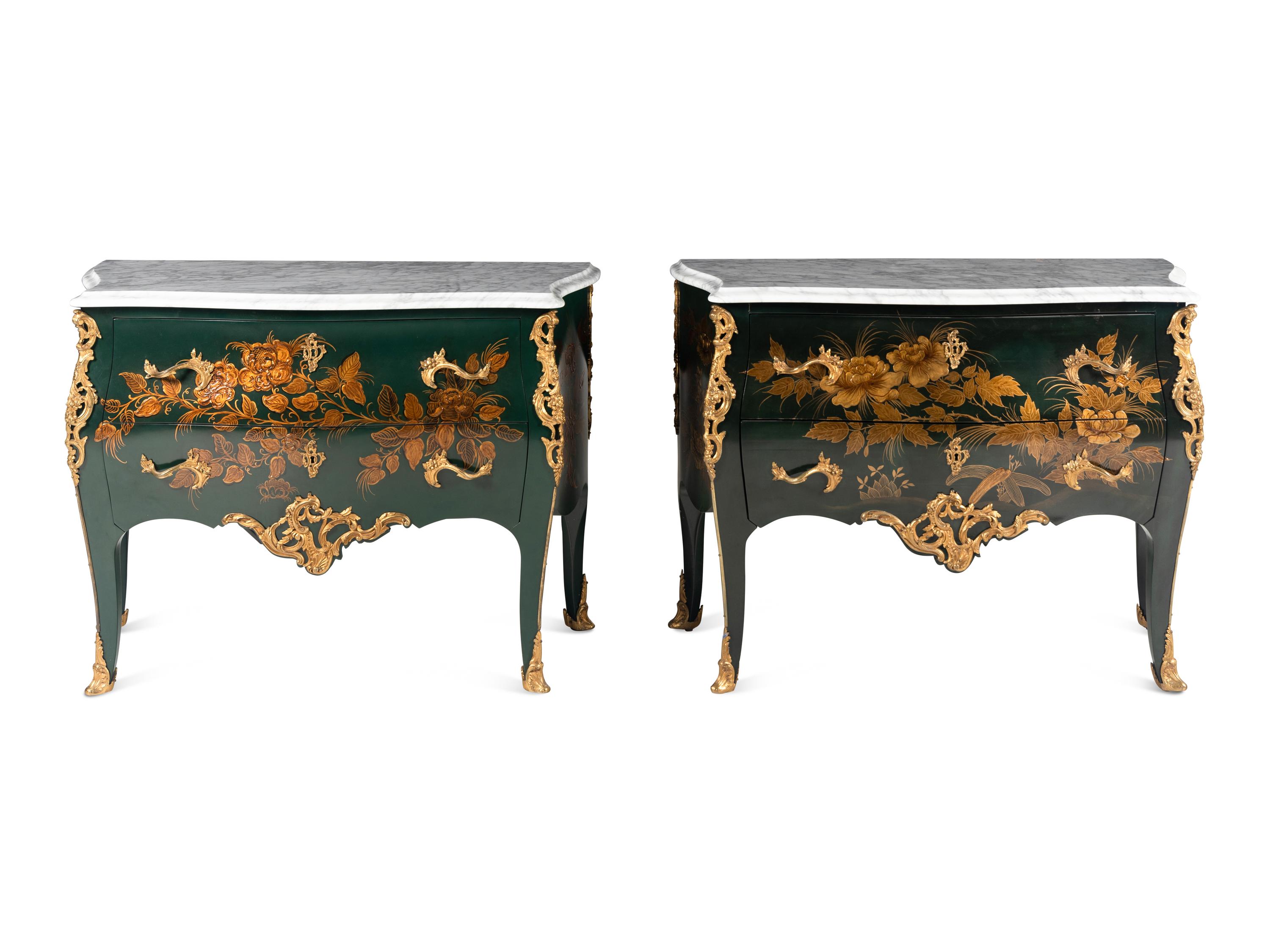 A Pair of Louis XV Style Gilt Bronze Mounted Painted Commodes