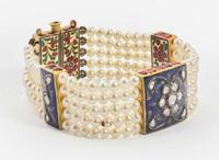 A 22K Yellow Gold, Pearl, Diamond, and Enamel Mughal-Style Bracelet