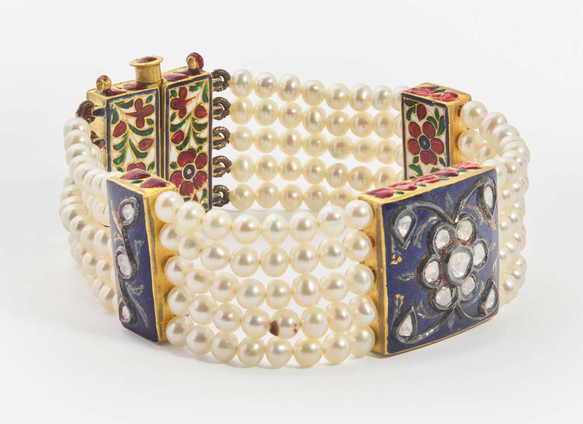 A 22K Yellow Gold, Pearl, Diamond, and Enamel Mughal-Style Bracelet