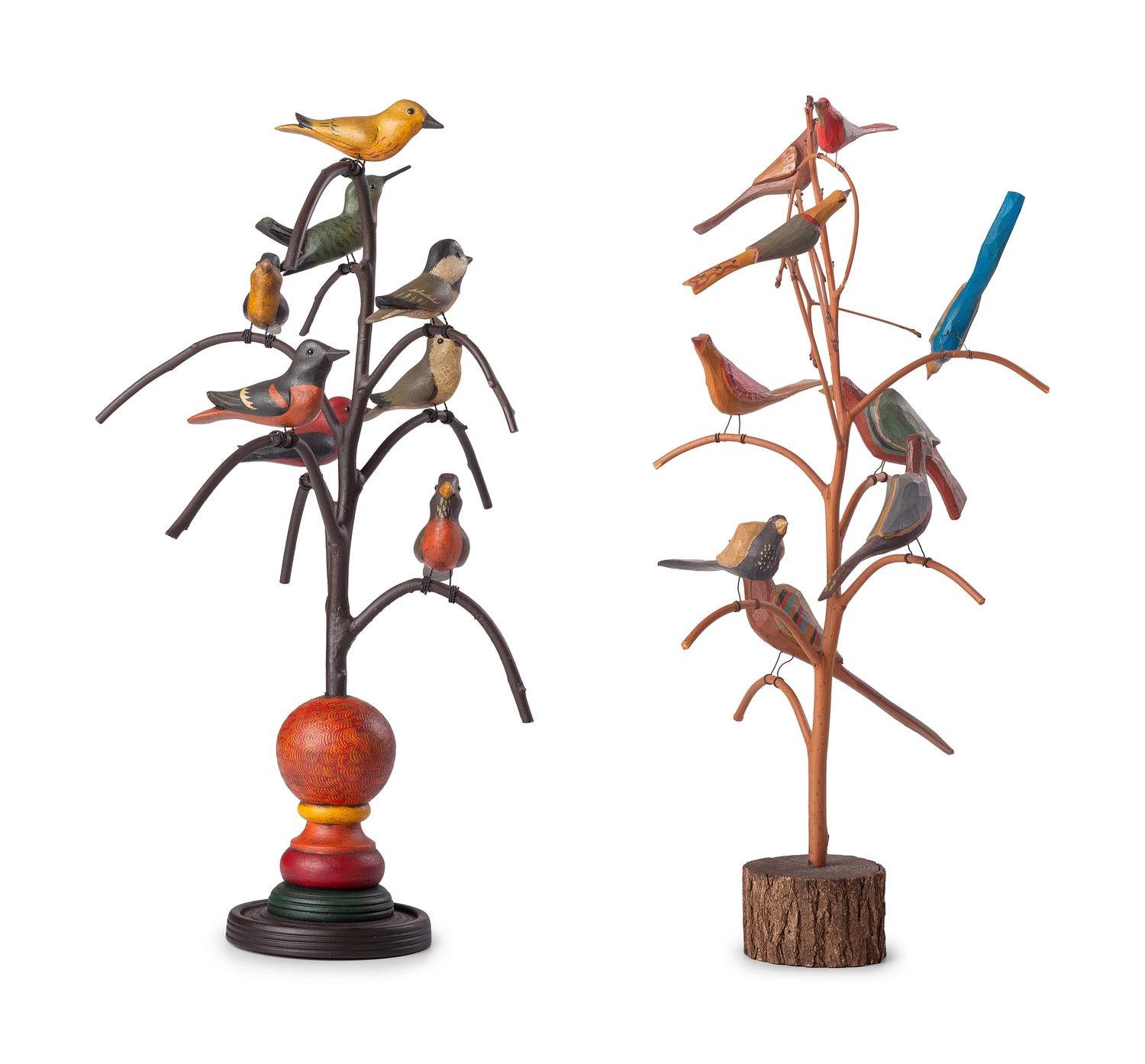 Two Folk Art Carved and Painted Wood Bird Trees