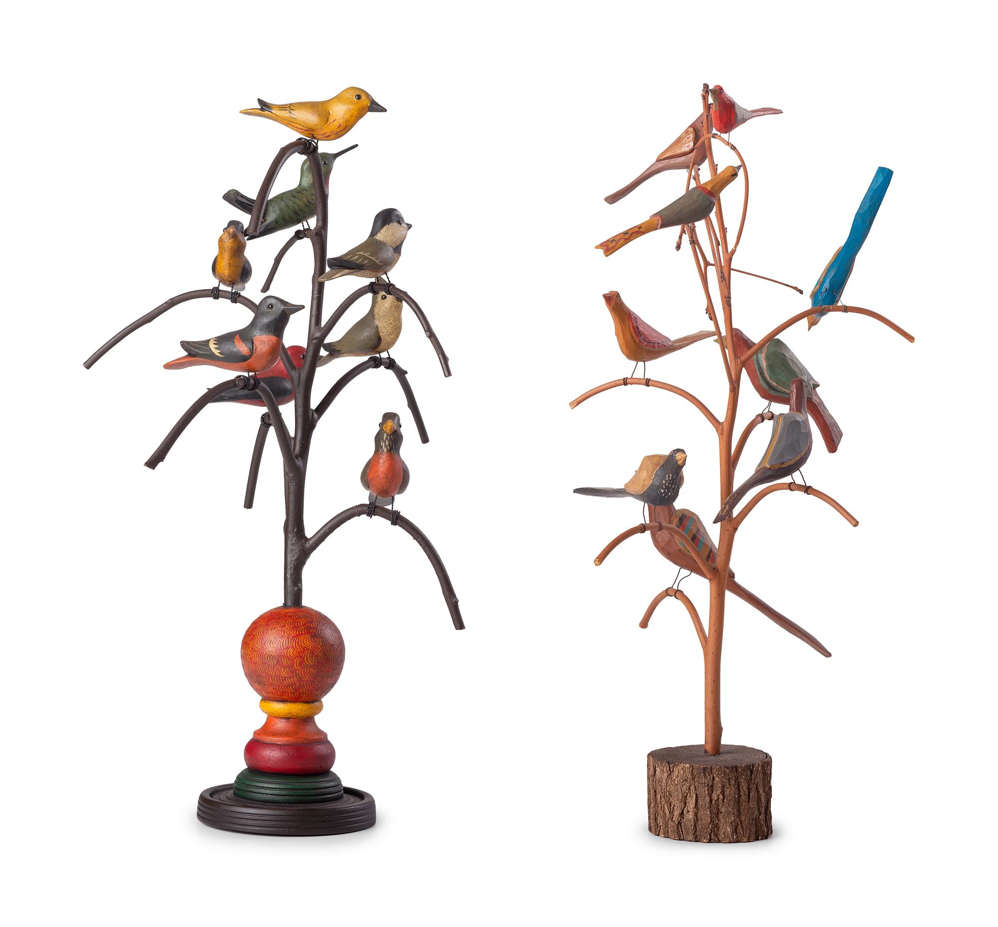Two Folk Art Carved and Painted Wood Bird Trees