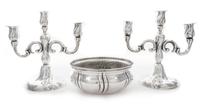 A German Silver Three-Piece Table Garniture, First Half 20th Century, comprising a centerpiece bowl with a glass liner and a pair of we