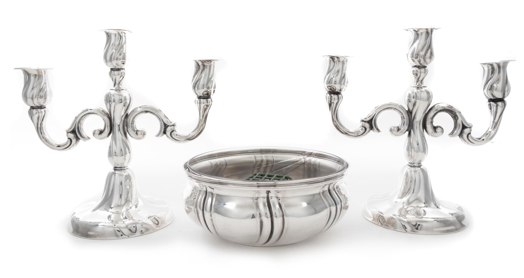 A German Silver Three-Piece Table Garniture, First Half 20th Century, comprising a centerpiece bowl with a glass liner and a pair of we