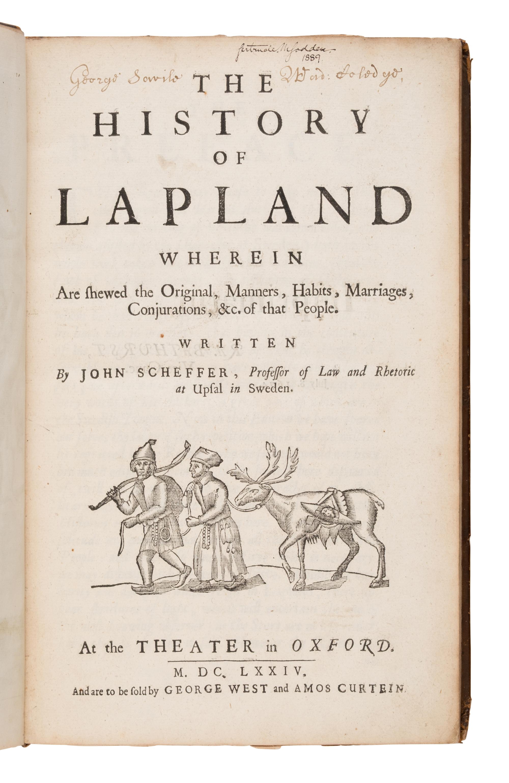 [Travel & Exploration]. Schefferus, Johannes (1621-1674). The History of Lapland . Oxford: At the Theater, and are to be sold by George West and Amos Curtein, 1674.