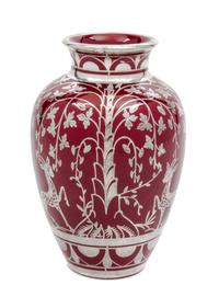A Ceramic Silver Overlay Vase Height 6 1/4 inches.