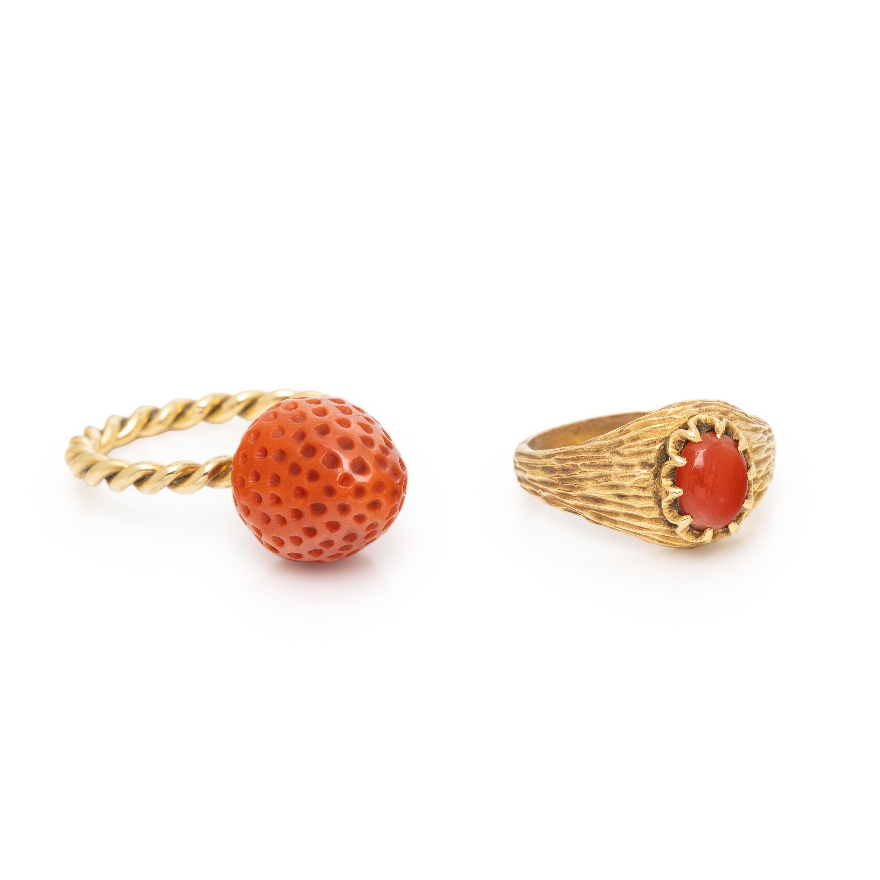 Two Coral and Yellow Gold Rings